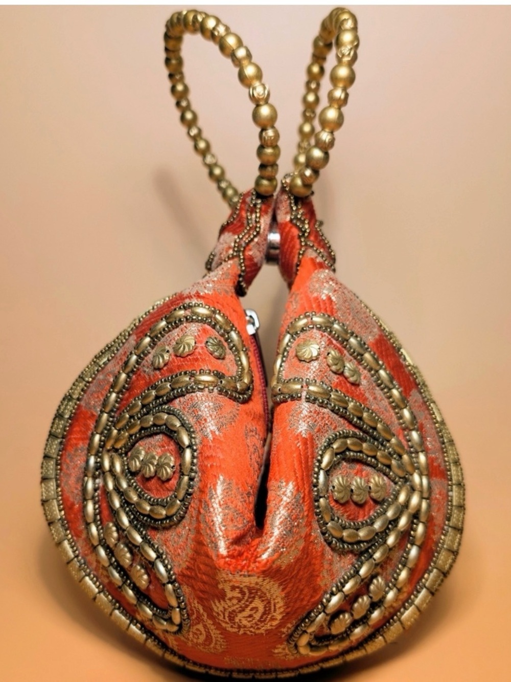 Embellished Orange Evening Fortune Cookie Potli Bag with Gold Beaded Handle NWT